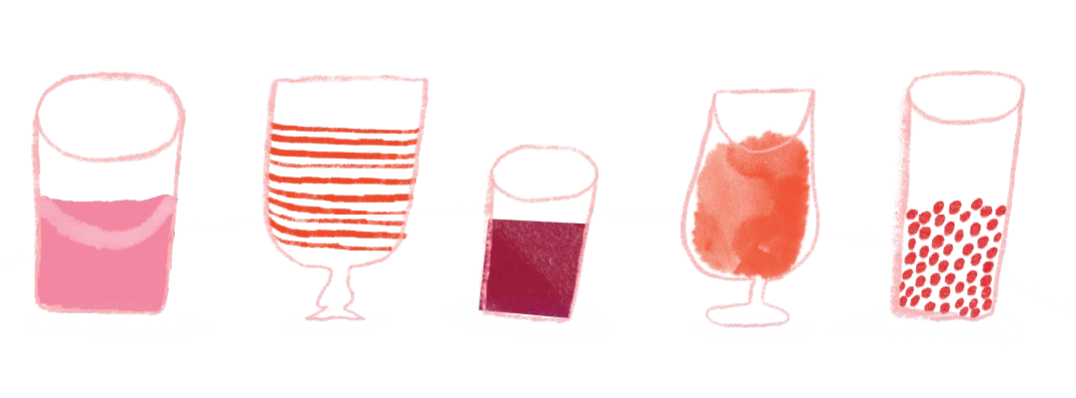 an illustration of 5 glasses in shades of red