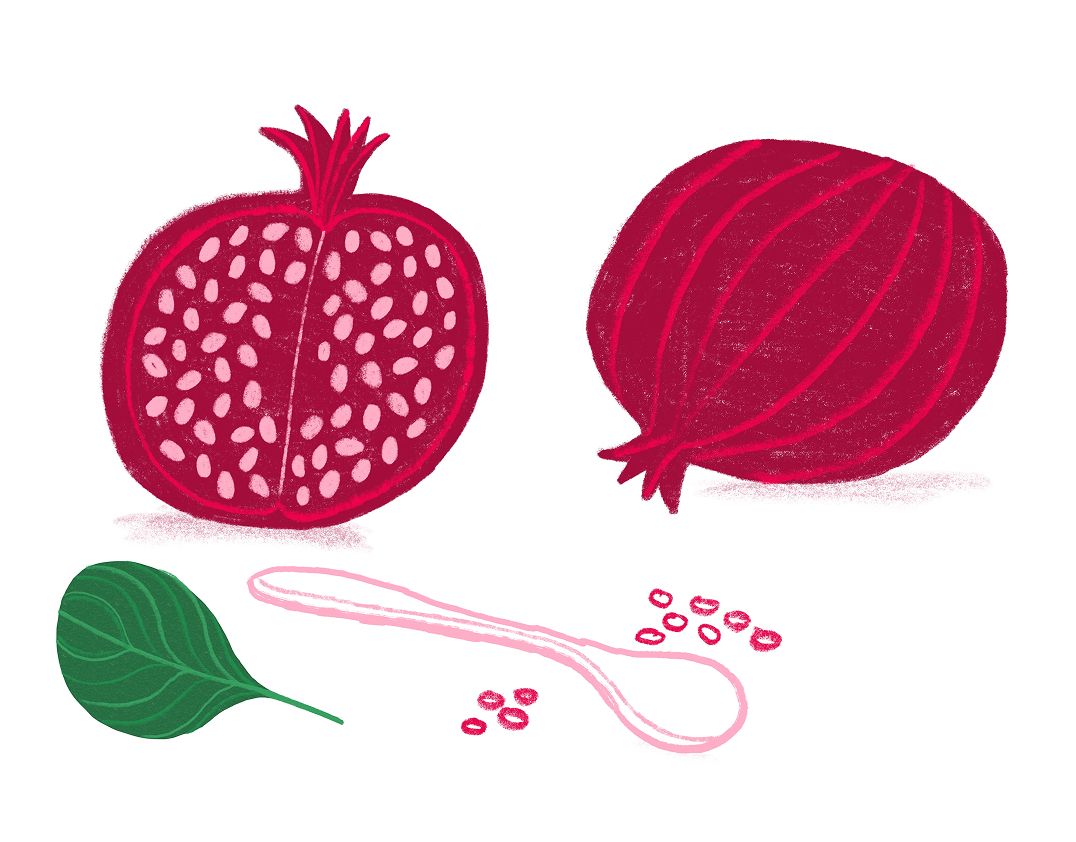 illustration of 1 ½ pomegranates with, leaf spoon and seeds