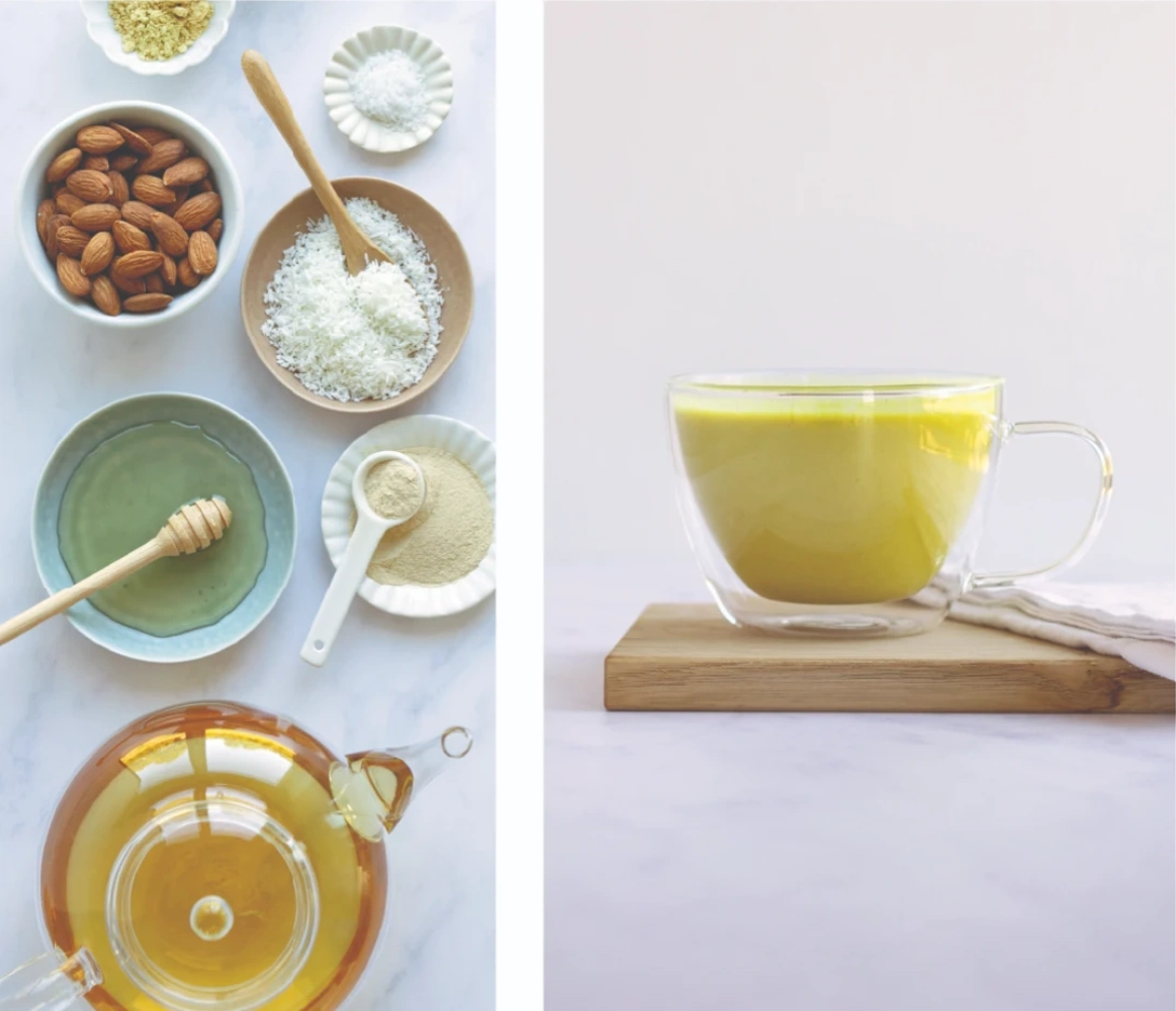 2 photos at left small bowls and plates with ingredients at right a glass cup of chamomile moon milk