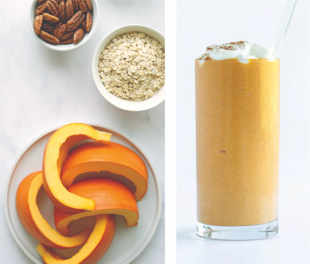 2 photos at left 2 small bowls and a plate with oats, pumpkin and pecans at right a glass of creamy pumpkin smoothie
