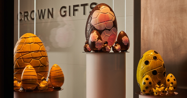 A playful Easter chocolate egg display in the Crown Gifts shop in Crown Towers for Easter