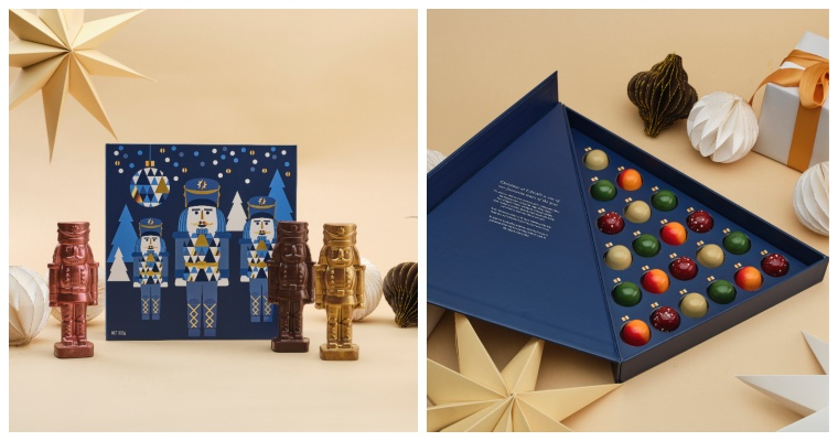 CACAO Christmas chocolate gift boxes featuring Nutcracker chocolates and a festive 21-piece Christmas Tree chocolate collection.