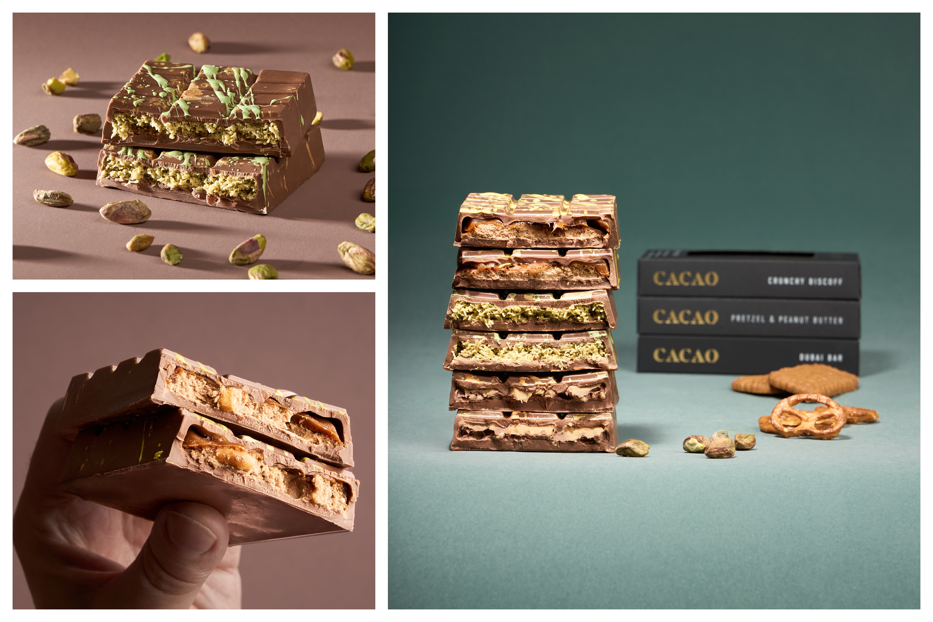 Collage of CACAO’s Luxe chocolate bars showing stacked and broken bars with visible soft centres, including pistachio praline with knafeh, crunchy Biscoff, and pretzel & peanut butter, styled on muted studio backgrounds with packaging and ingredients.