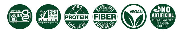 Icons indicating that ZENB Pasta is certified gluten-free, verified non-GMO, a good source of protein, an excellent source of fiber, vegan, and has no artificial preservatives, flavors, or colors