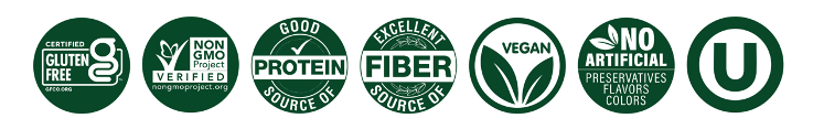 Icons indicating that ZENB Spaghetti is certified gluten-free, verified non-GMO, a good source of protein, an excellent source of fiber, and is vegan; has no artificial preservatives, flavors, or colors; and is kosher