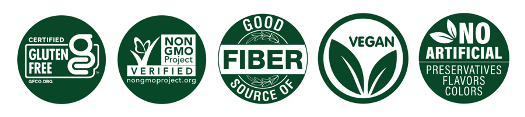 Icons indicating that ZENB Cracker Crisps are certified gluten free, verified non-GMO, a good source of fiber, vegan, and have no artificial preservatives, flavors, or colors