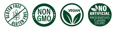 Icons representing gluten-free, non-GMO, Vegan, and no artificial preservatives, flavors, or colors