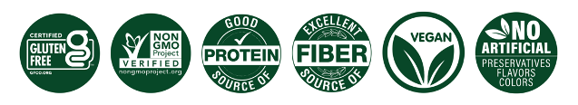 Icons indicating that ZENB Lasagna is Certified gluten-free, Verified non-GMO, a good source of protein, an excellent source of fiber, vegan, and has no artificial preservatives, flavors, or colors