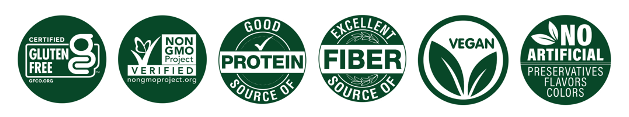 Icons indicating ZENB Pasta Sides are certified gluten-free, verified non-GMO, a good source of protein, an excellent source of fiber, vegan, and have no artificial preservatives, flavors, or colors