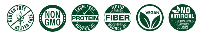 Icons indicating that ZENB Ramen is gluten-free, non-GMO, an excellent source of protein, a good source of fiber, vegan, and have no artificial preservatives, flavors, or colors