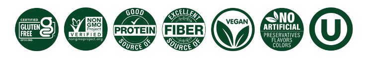 Icons representing certified gluten-free, verified non-GMO, a good source of protein, an excellent source of fiber, vegan, no artificial preservatives, flavors, or colors, and kosher