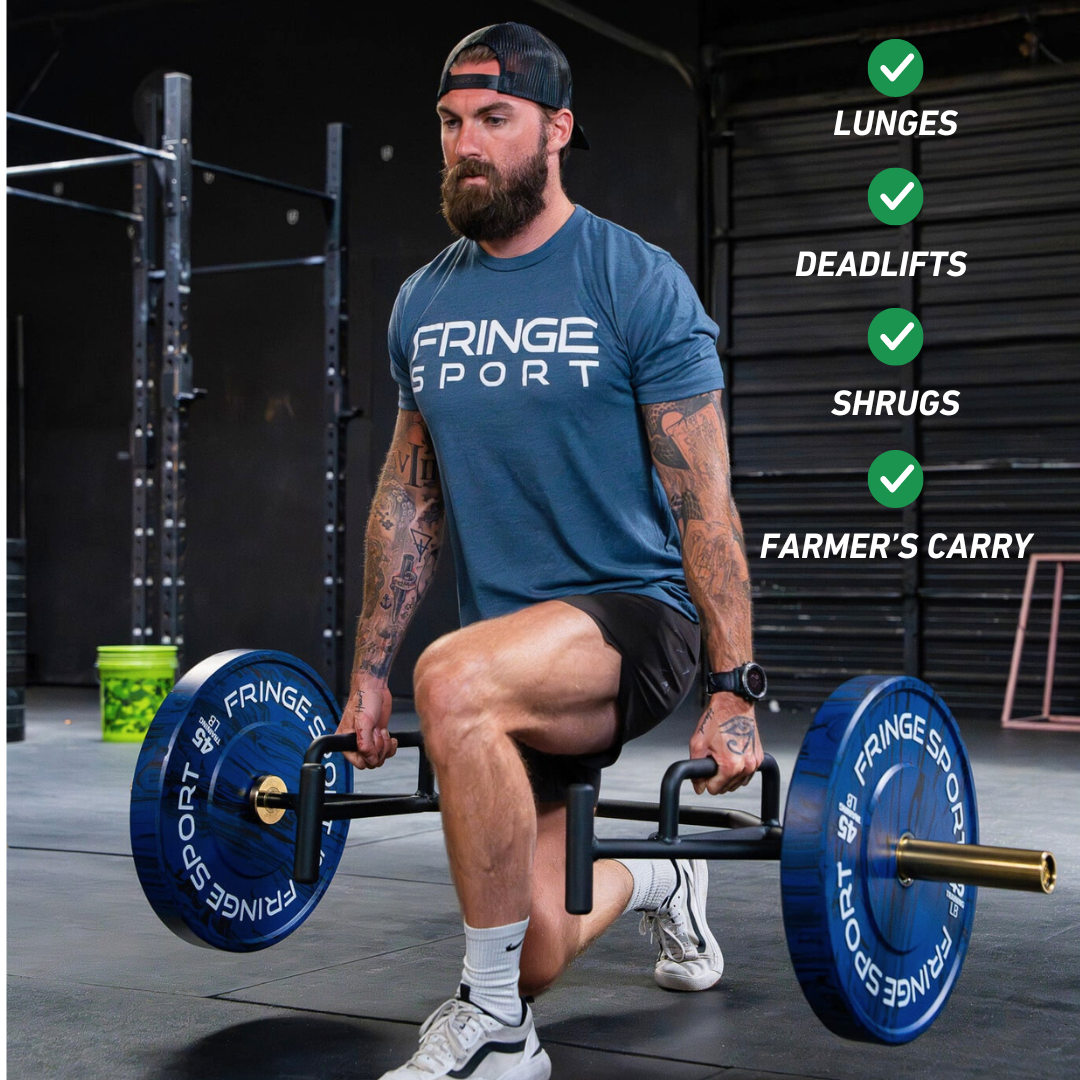 Man demonstrating lunges using the midas open trap bar.