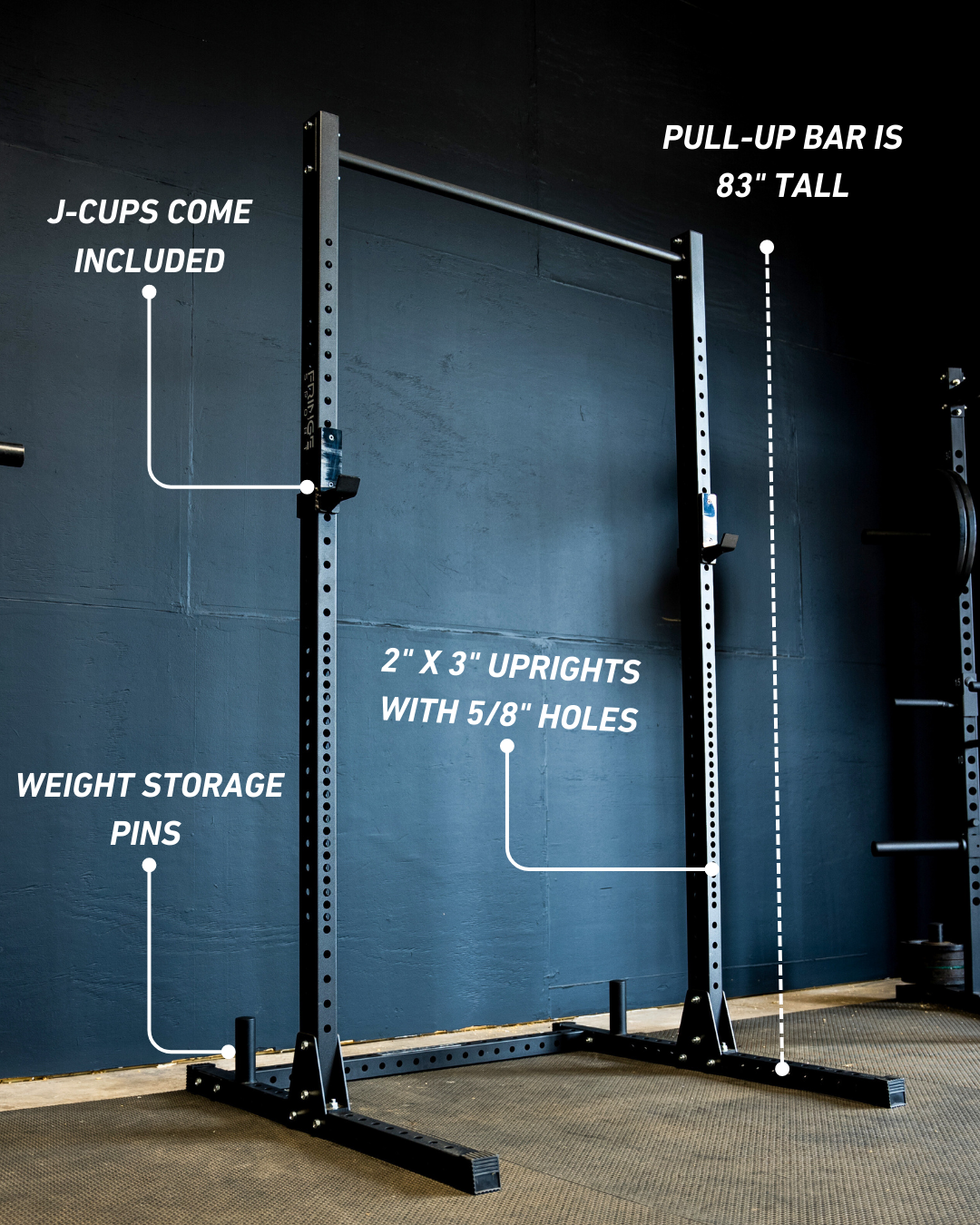 Diagram showing the dimensions of The Garage Series Squat Rack with Pull-Up Bar.
