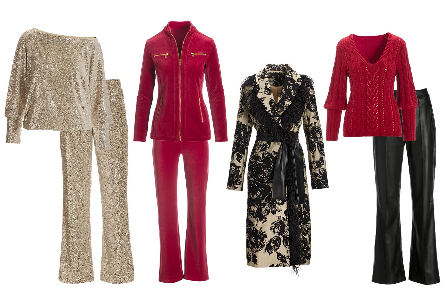 from left to right: gold sequin slouchy long-sleeve top and gold sequin palazzo pants. red two-piece jacket and pant set. multicolor faux-feather belted coat. red sequin cable-knit sweater and black faux-leather trousers.
