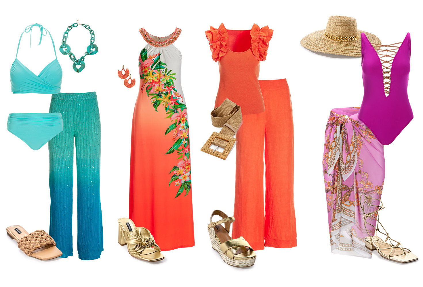 left to right: light blue bikini, turquoise chain necklace, blue ombre sequin palazzo pants, and gold braided slides. orange ombre floral printed embellished sleeveless maxi dress, orange straw fan earrings, and gold knotted block heels. orange ruffle sleeve top, orange linen pants, raffia belt, and gold wedges. gold chain embellished straw hat, purple deep v gold lace up one piece swimsuit, pink chain print sarong, and gold lace up sandals.