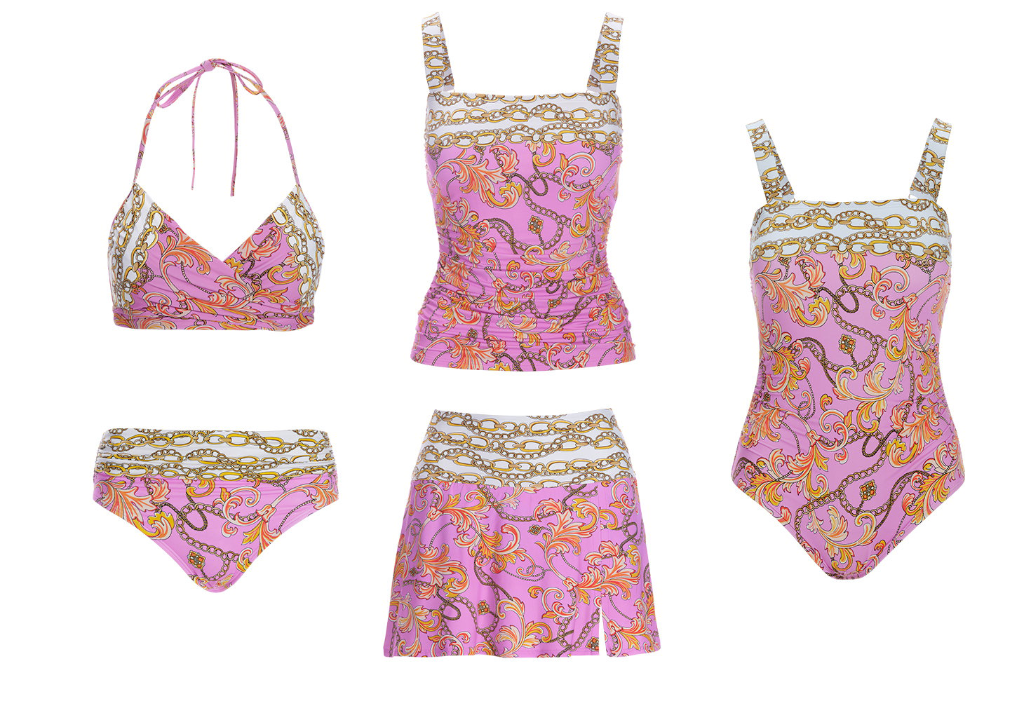 from left to right: pink chain print bikini, pink chain print tankini with skirted bottom, pink chain printed one piece swimsuit.