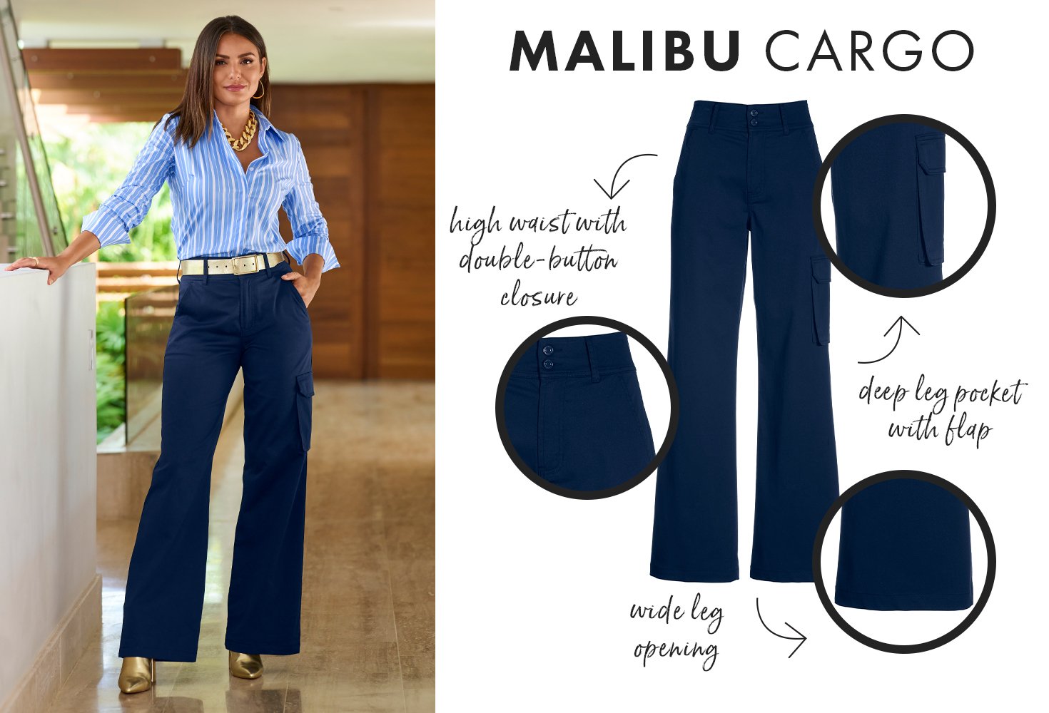 Models wearing blue and white stripe button up, chunky necklace, gold metallic belt, navy malibu cargo pants with pant description.