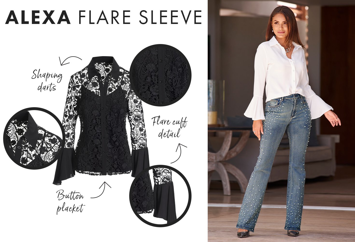 Model wearing white alexa button up with flare sleeves and pearl embellished jeans. Explanation of Alexa's detailing top.