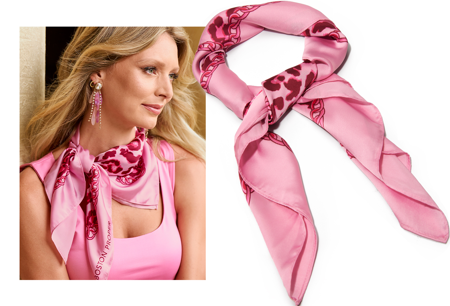 Pink breast cancer awareness scarf.
