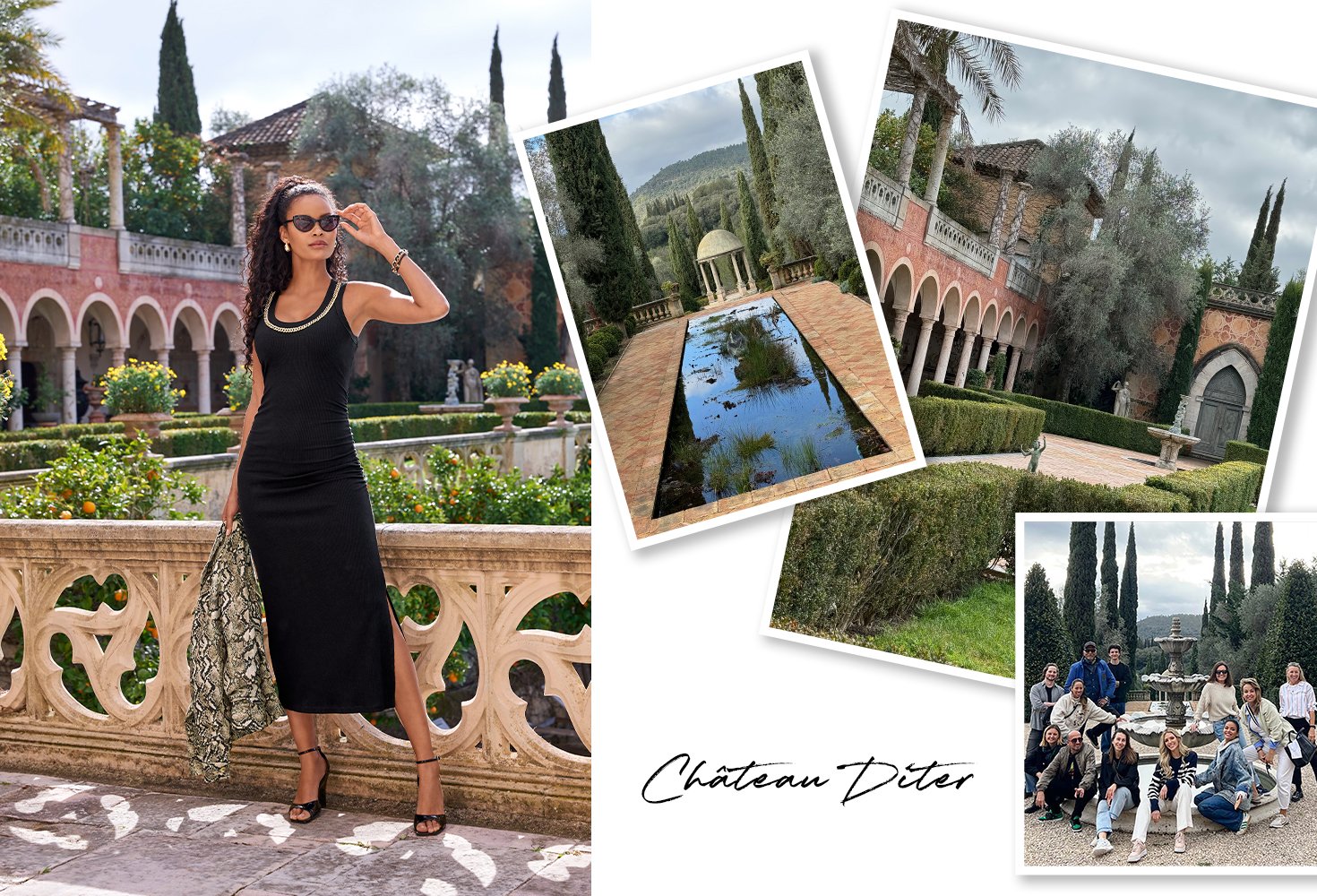 Models wearing a black fitted dress with cahin detail and jacket in hand. Photos of menton scenery.