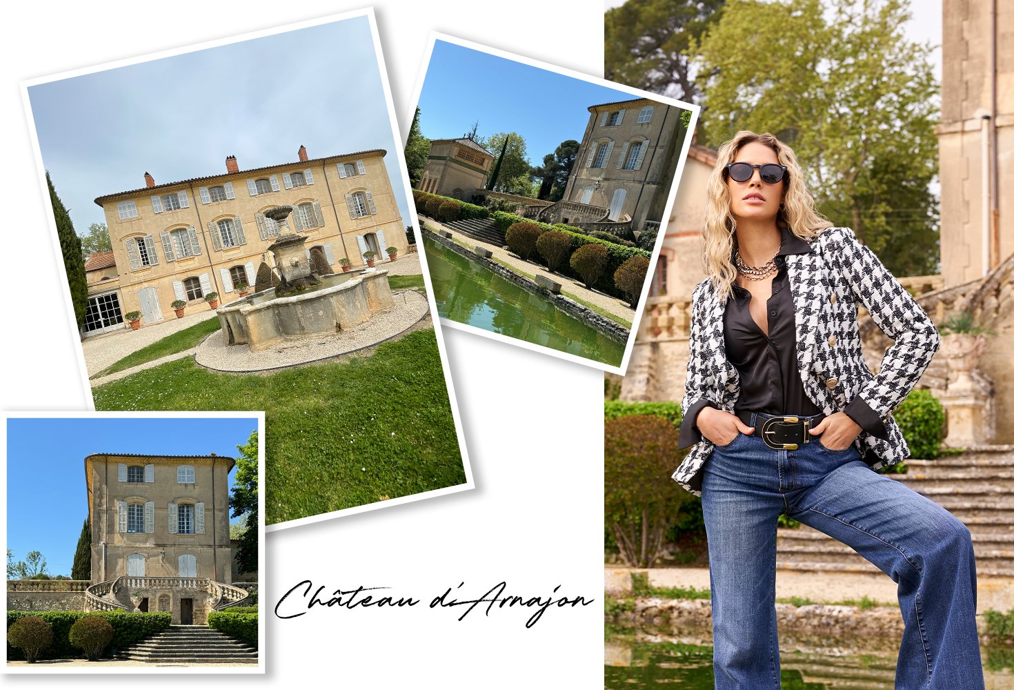 Scenery of the chateu. Models wearing a black button up with a black and white double breasted blazer, medium wash denim and a black belt.