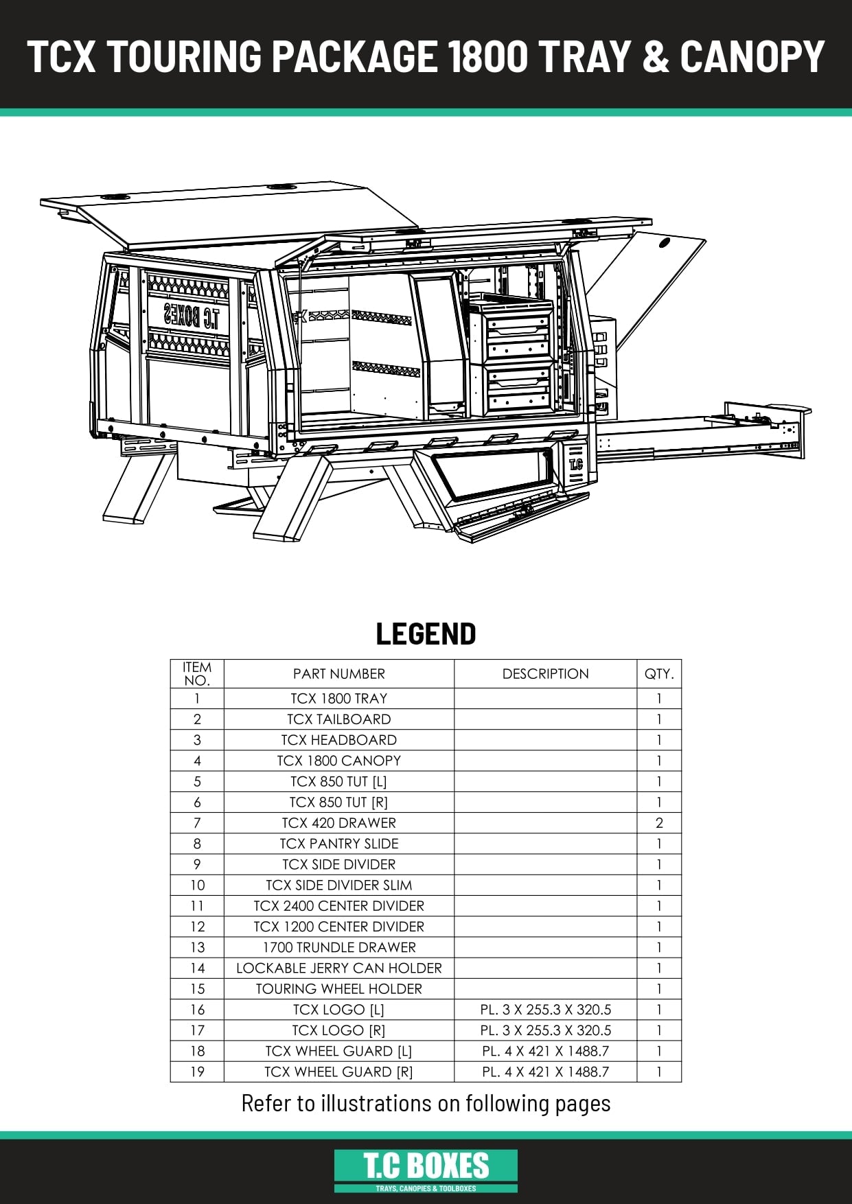 TcX Touring 1650 Tray Canopy specification sheet page 1