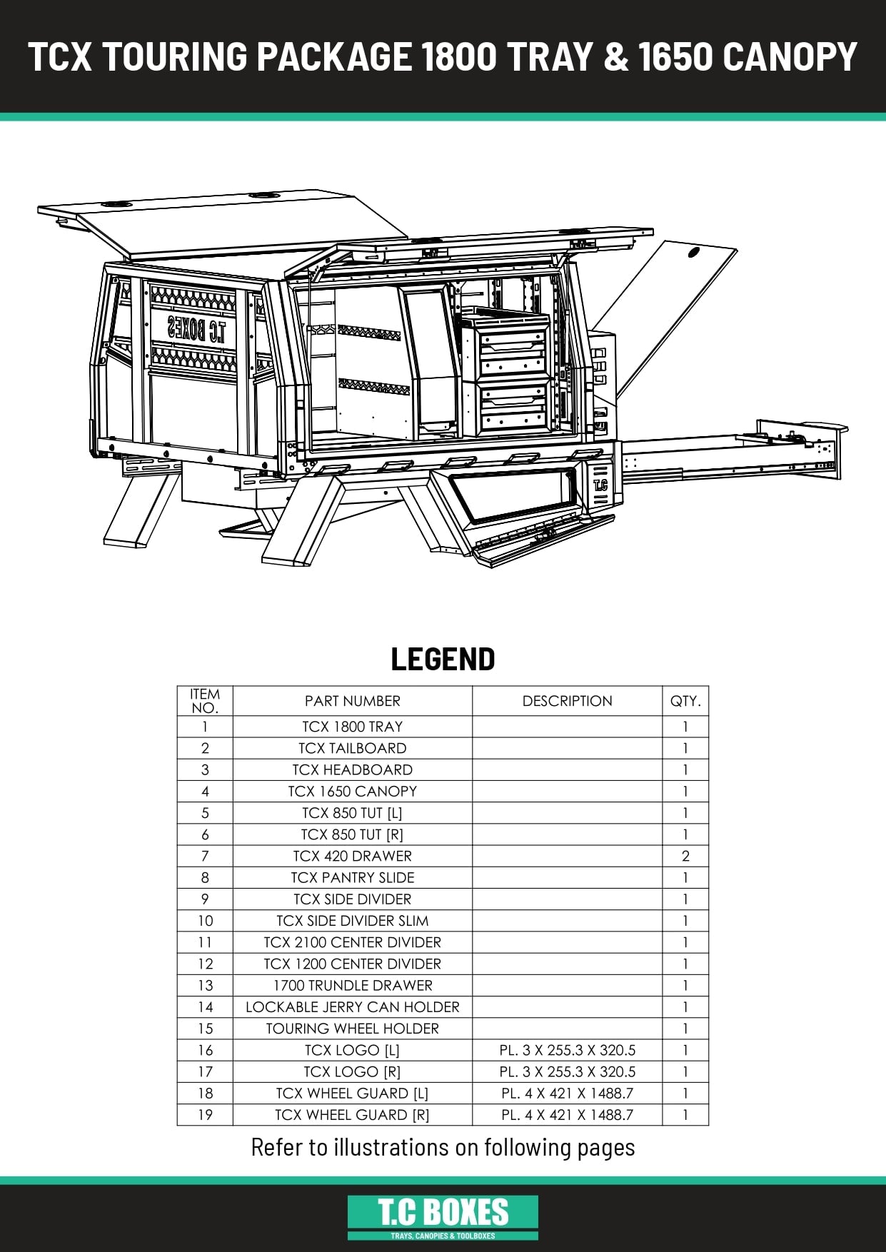 TcX Touring 1650 Tray Canopy specification sheet page 1
