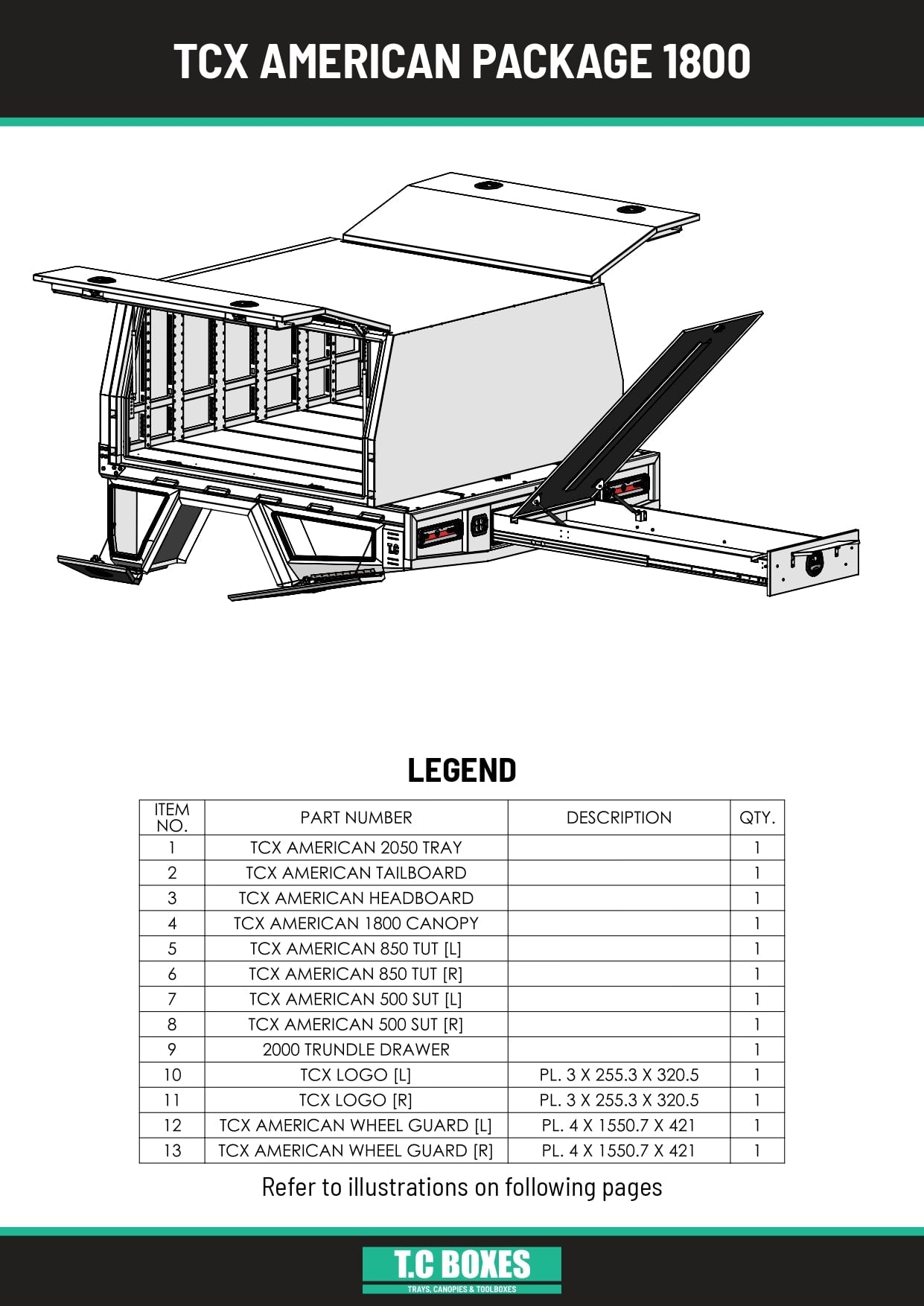 TcX Touring 1650 Tray Canopy specification sheet page 1
