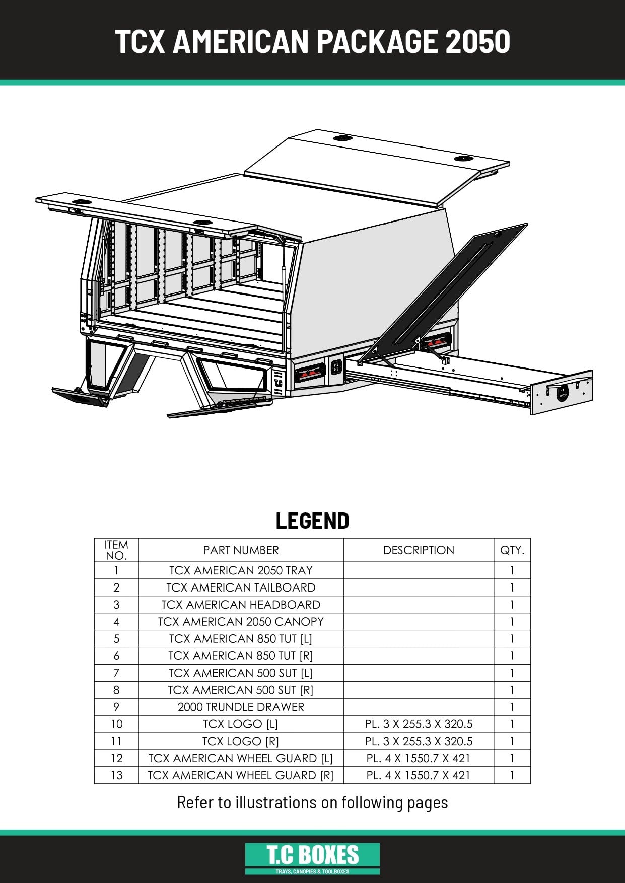 TcX Touring 1650 Tray Canopy specification sheet page 1