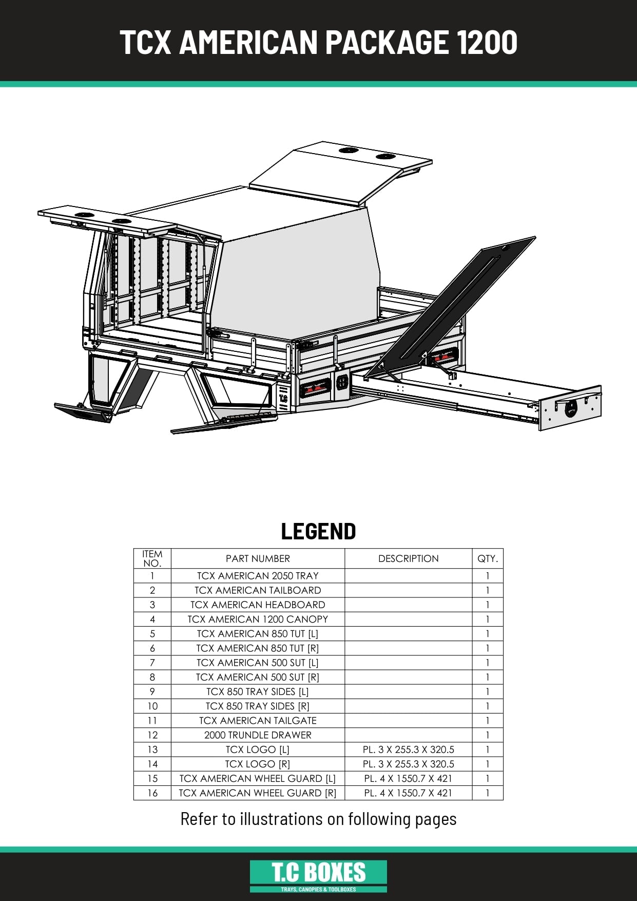 TcX Touring 1650 Tray Canopy specification sheet page 1