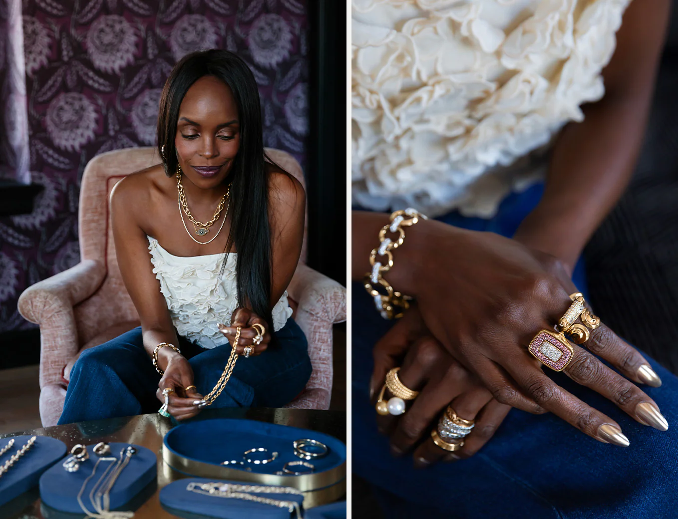 Nyakio picking out Cast Jewelry and close up shot of rings on her hands