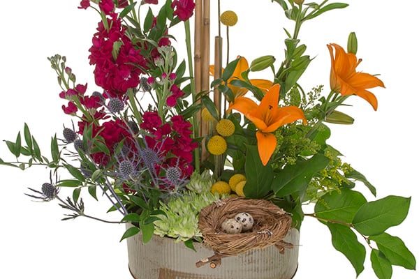 This beautiful floral design mixes orange lilies, craspedia, red blooms, eryngium, salal, Italian ruscus, and features a petite bird's nest with tiny eggs.