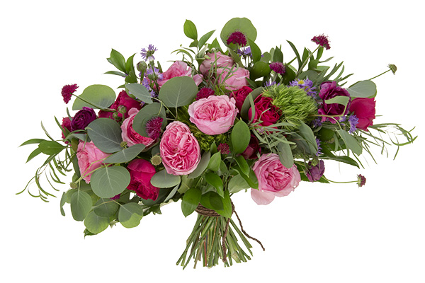 This gorgeous hand tied bouquet features pink and red garden roses, crimson scabiosa, two kinds of eucalyptus, and Israeli ruscus.