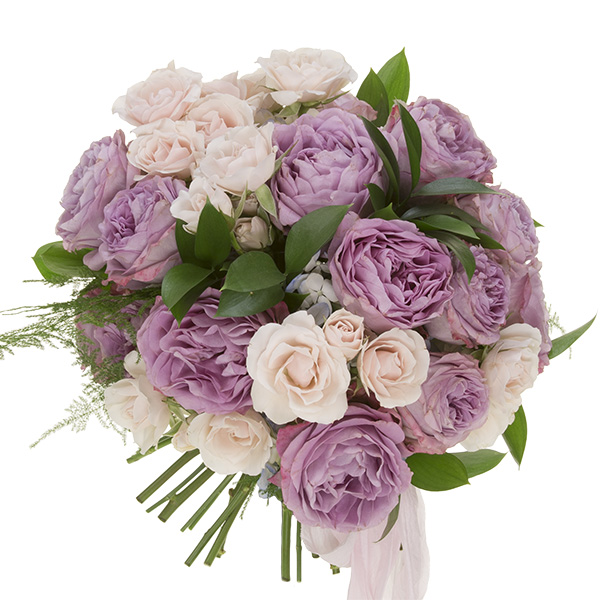 A classic hand tied wedding bouquet features mauve garden roses, blush standard roses, pink spray roses, Israeli ruscus, and plumosa.