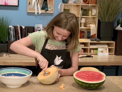 Slice the melons in half and scoop out the insides.