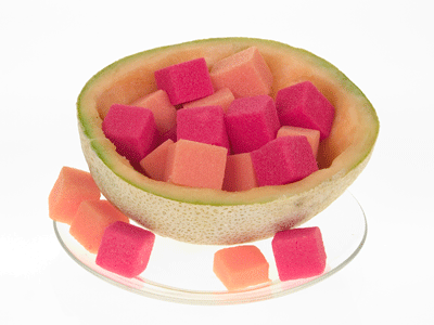 Place the melon rind on a plate and fill it with cubes of foam.