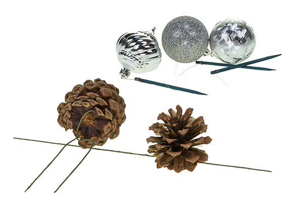 Adding wire picks to Christmas balls and pine cones