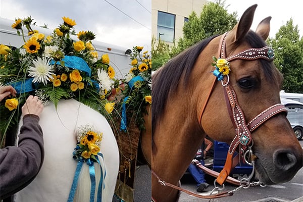 Wire each flower some foliages, then add a liberal amount of floral adhesive to each stem so that it holds securely. Parade horses often wear flowers on their rumps, tails, and bridles.