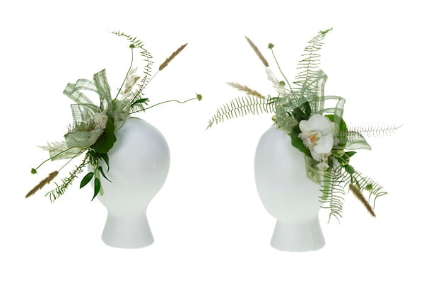 Glue additional fresh and dried floral materials to the fascinator to add interest and contrast to both sides.