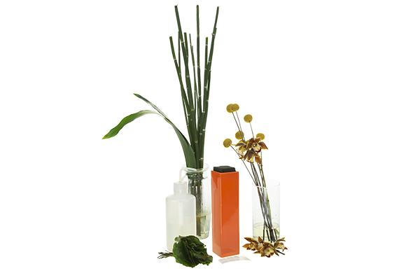 Floral design materials used include a tall orange vase filled with midnight foam, equisetum, aspidistra leaves, mini cymbidium orchids, billy balls, galax leaves, UGlu dashes, and a test tube filler.