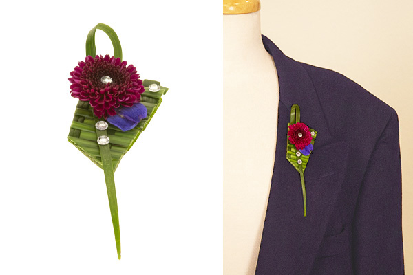 The finished corsage by itself and attached to a jacket