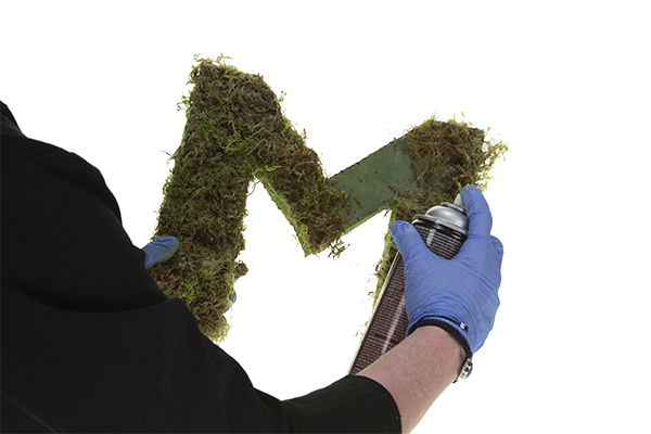 Use spray glue to attach a thin layer of dry moss to the front, back, and sides of the letter form.
