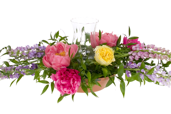 Add flowers like peonies and roses in the center, and extend lupine out to each side.