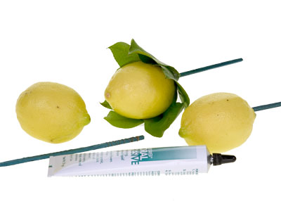 Add a collar of leaves to the base of each whole lemon, then insert wood picks into the base sealing the hole with cold glue.