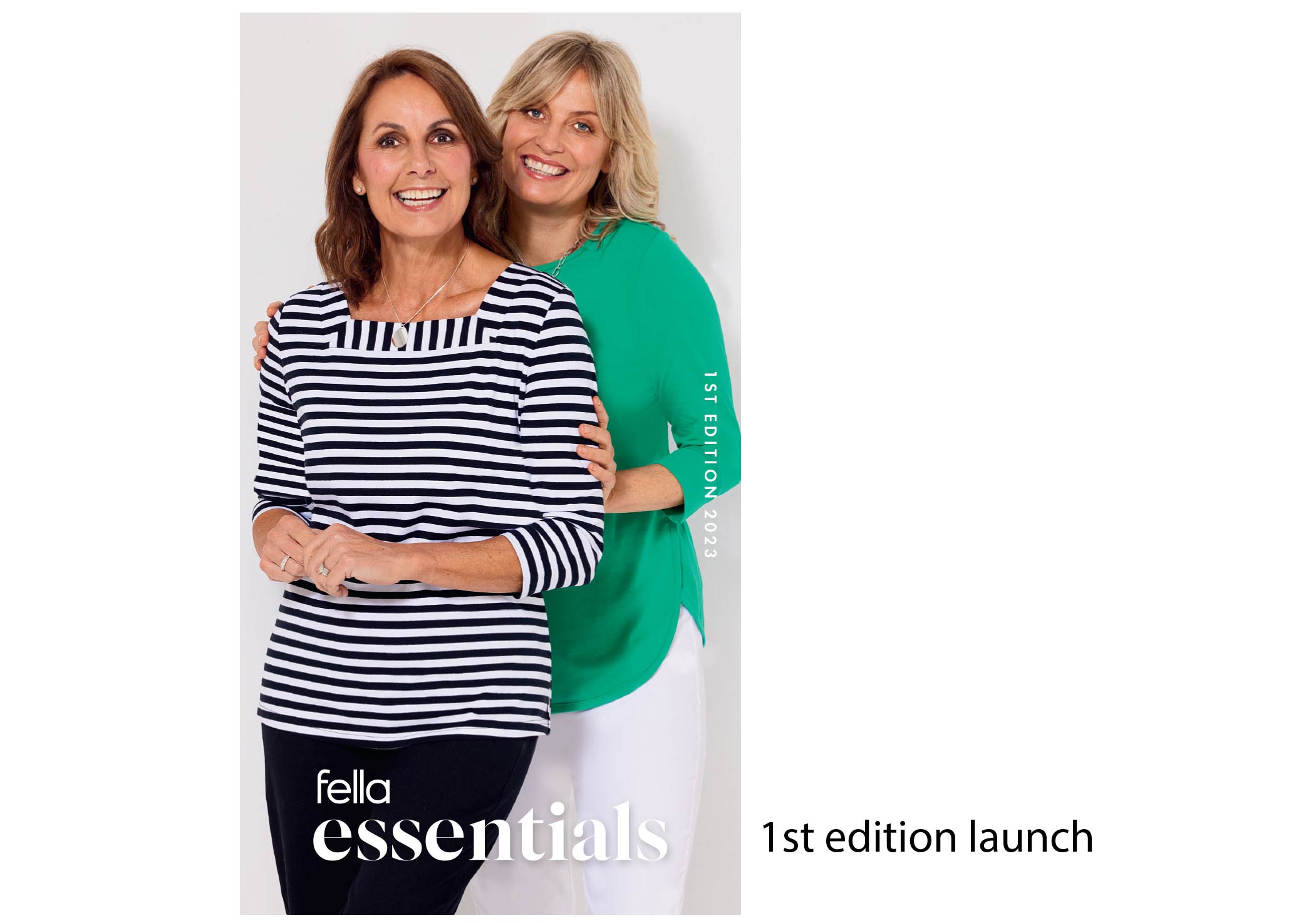 Fella Essential catalogue image with models wearing stripe top and green top 
