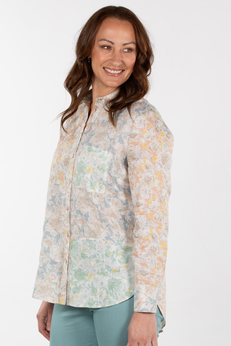 Model wearing Flora Patchwork Shirt