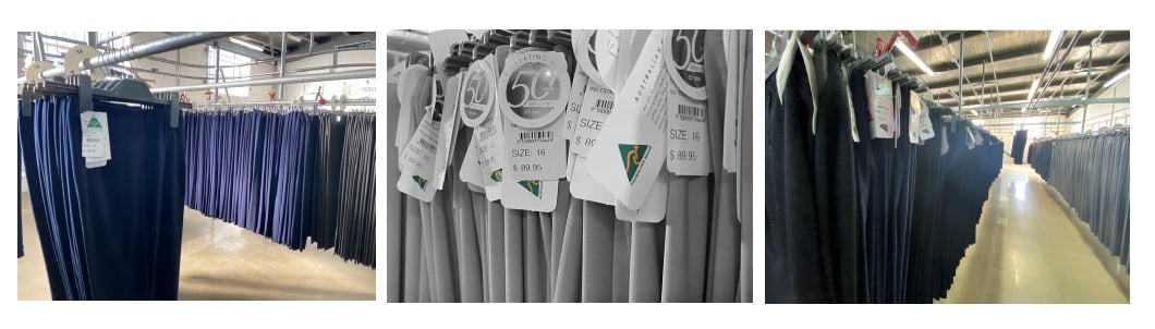 All our Australian-made pants in the warehouse