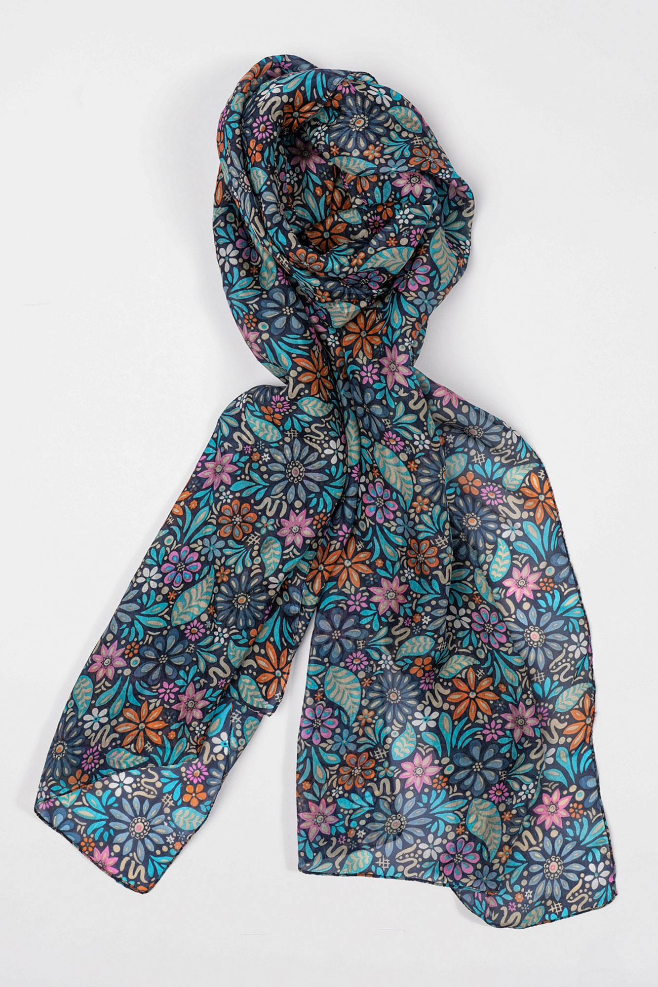 Floral silk scarf with navy base