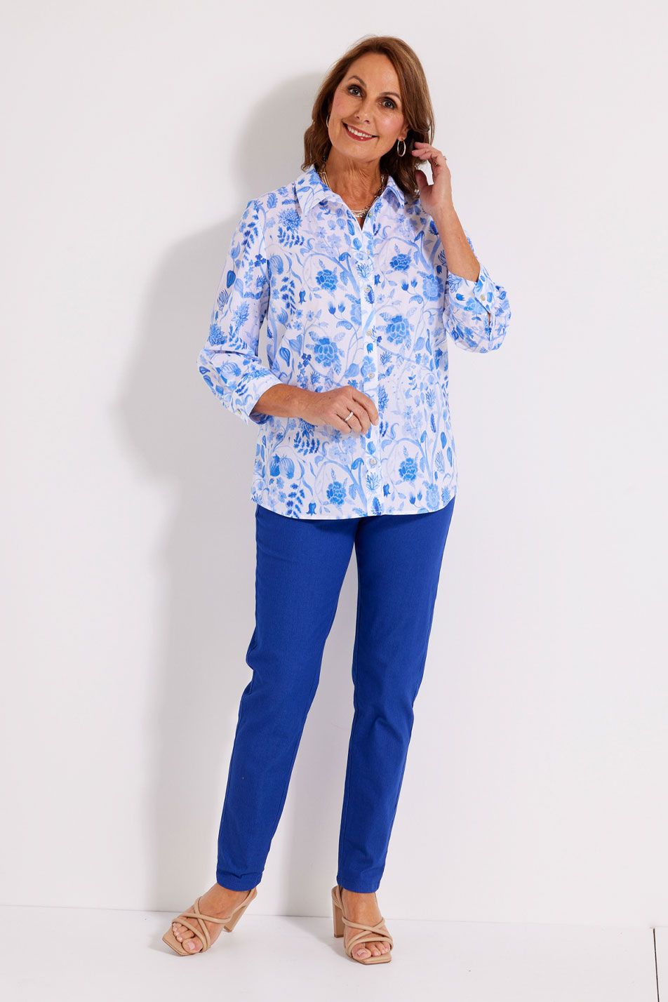 Model wearing blue and white floral hamptons shirt