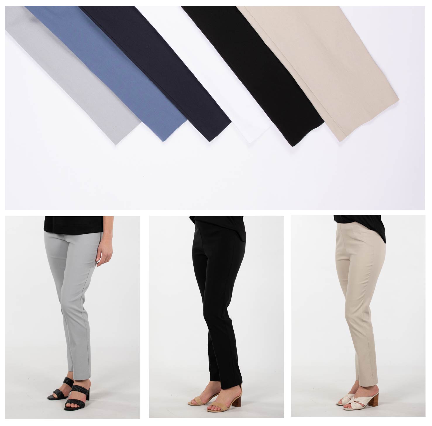 Womens wearing pants 3 colours - Cloud grey, Black and Neutral Bay cream